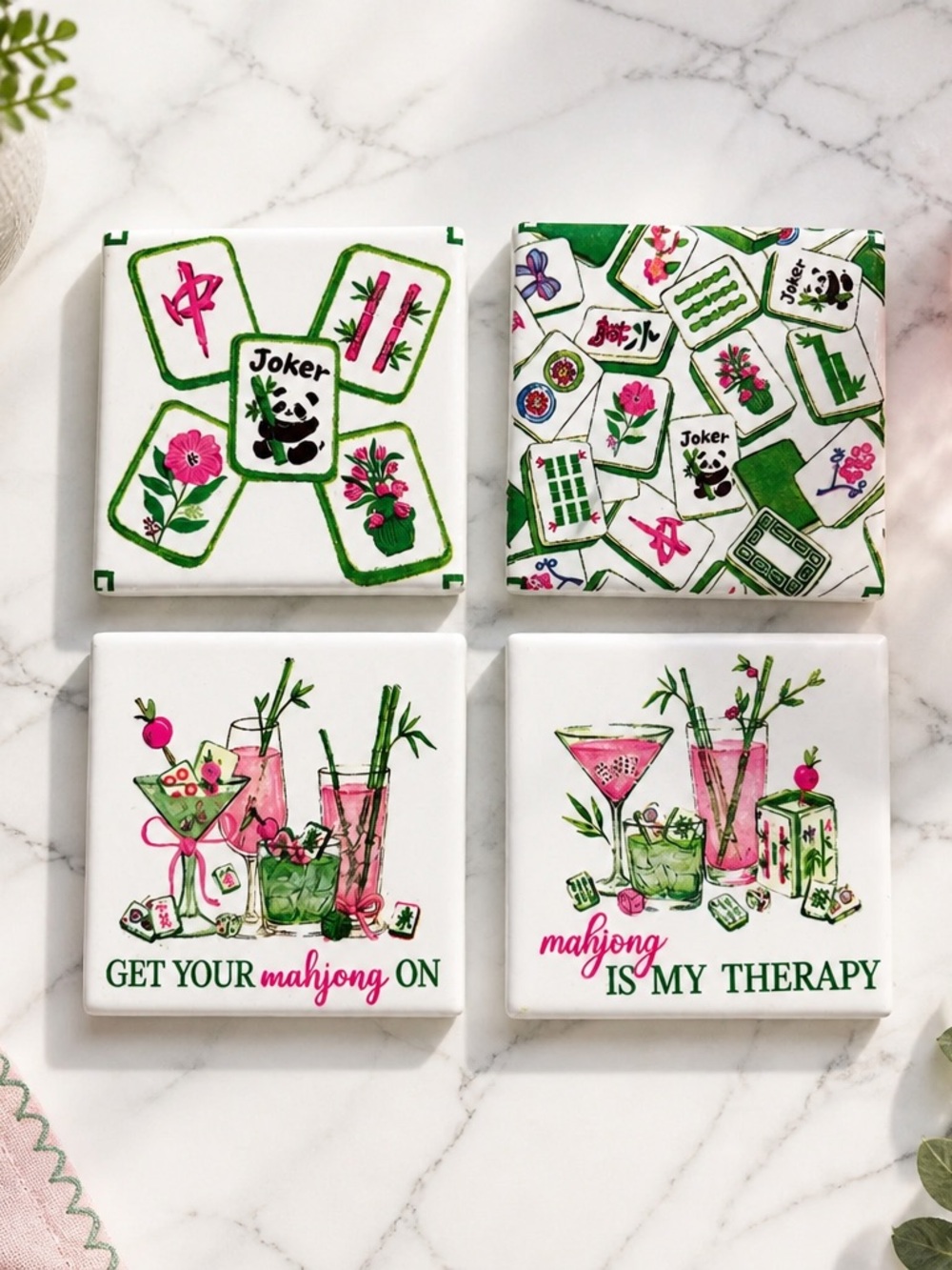 Mahjong Cocktail Coasters - Pink & Green Set